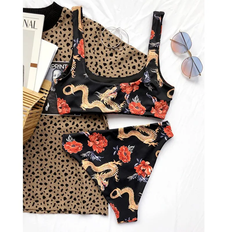 Vintage Dragon Floral Print Bandeau Bikini Set High Waist Women's Swimwear