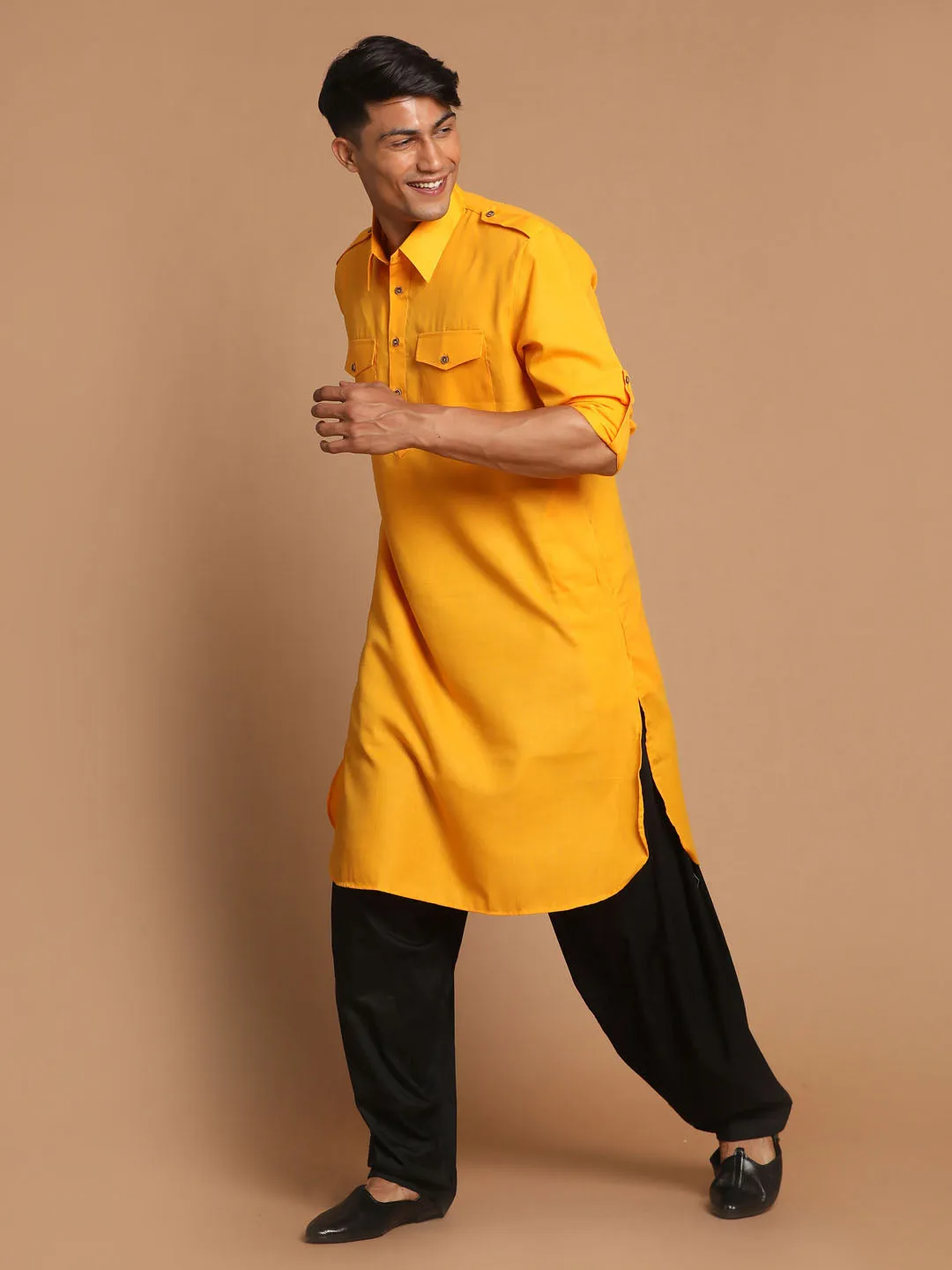 VM By VASTRAMAY Men's Mustard Cotton Blend Pathani Suit Set