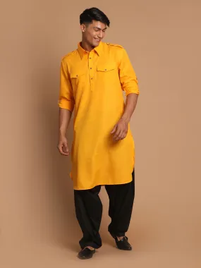 VM By VASTRAMAY Men's Mustard Cotton Blend Pathani Suit Set