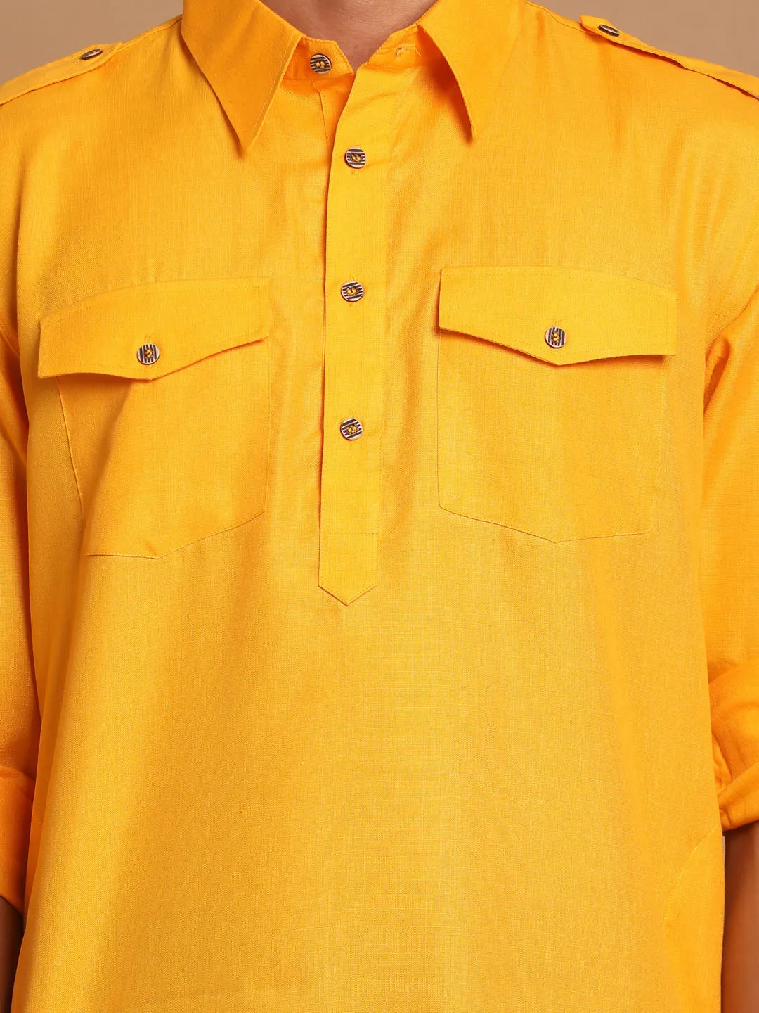 VM By VASTRAMAY Men's Mustard Cotton Blend Pathani Suit Set