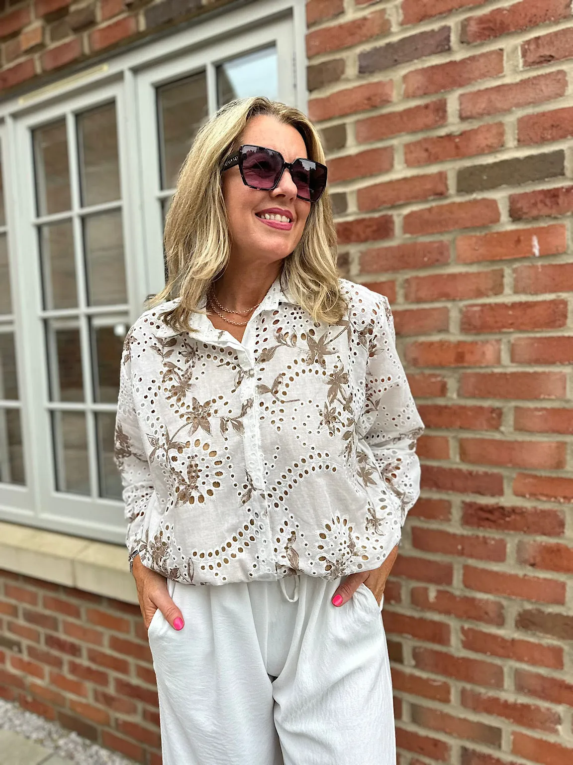 White Broderie Leaf Print Blouse Piper