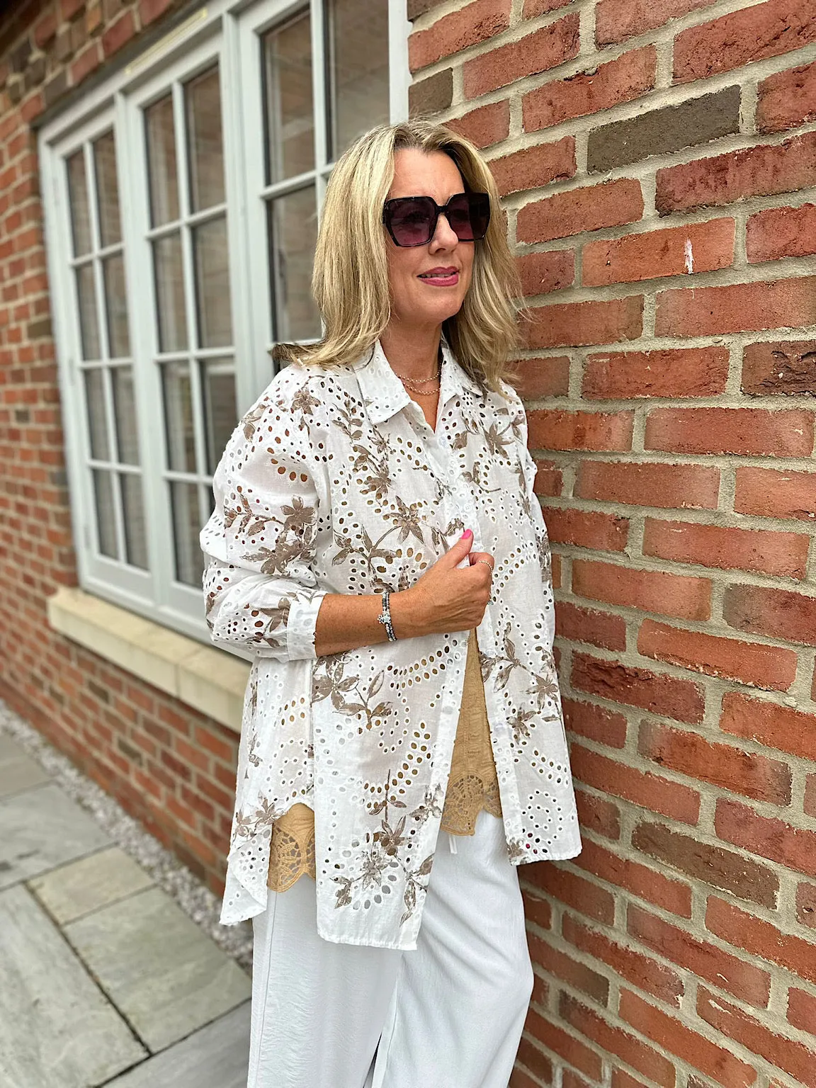 White Broderie Leaf Print Blouse Piper