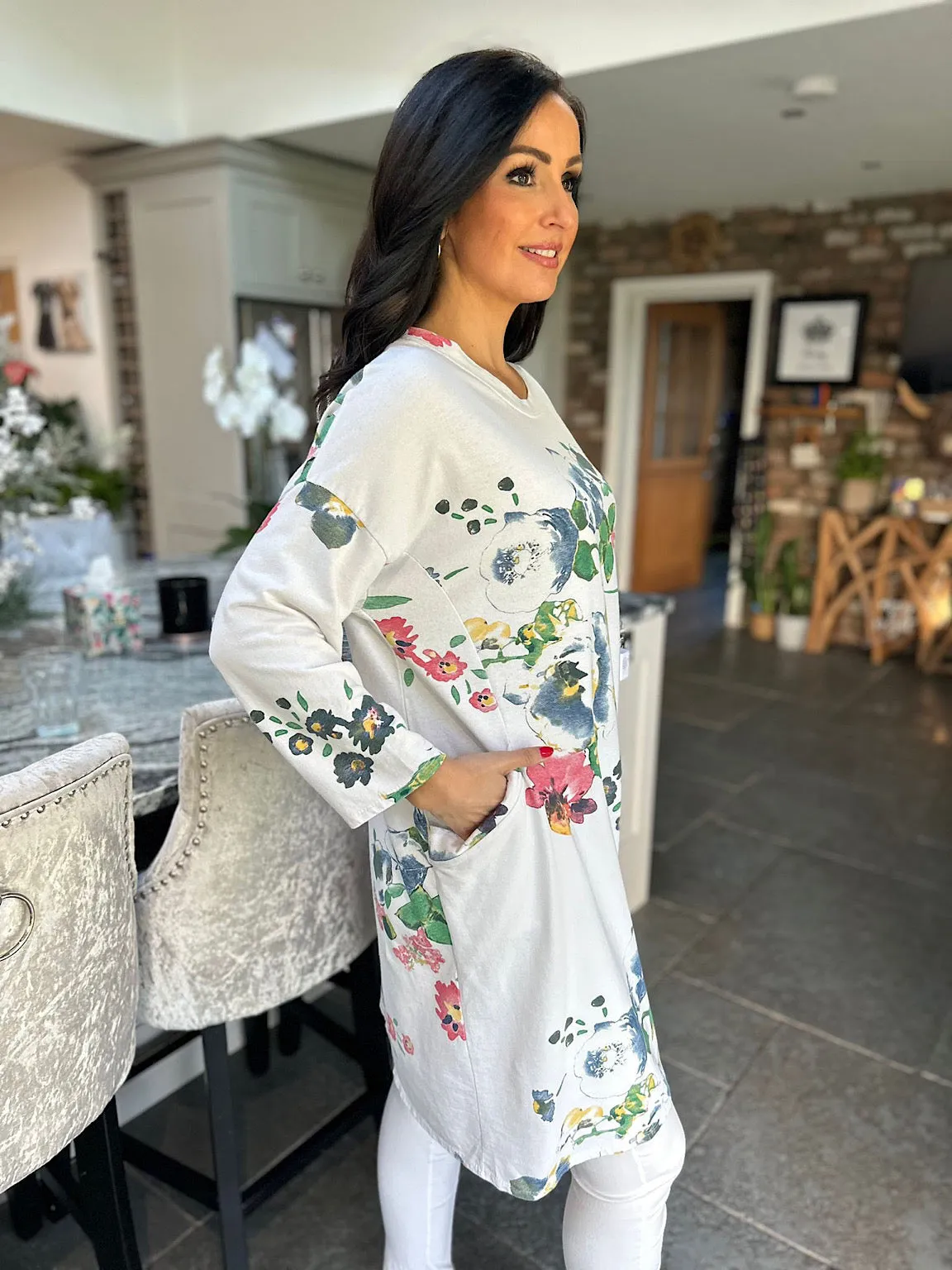 White Flower Patterned Pocket Tunic Danni