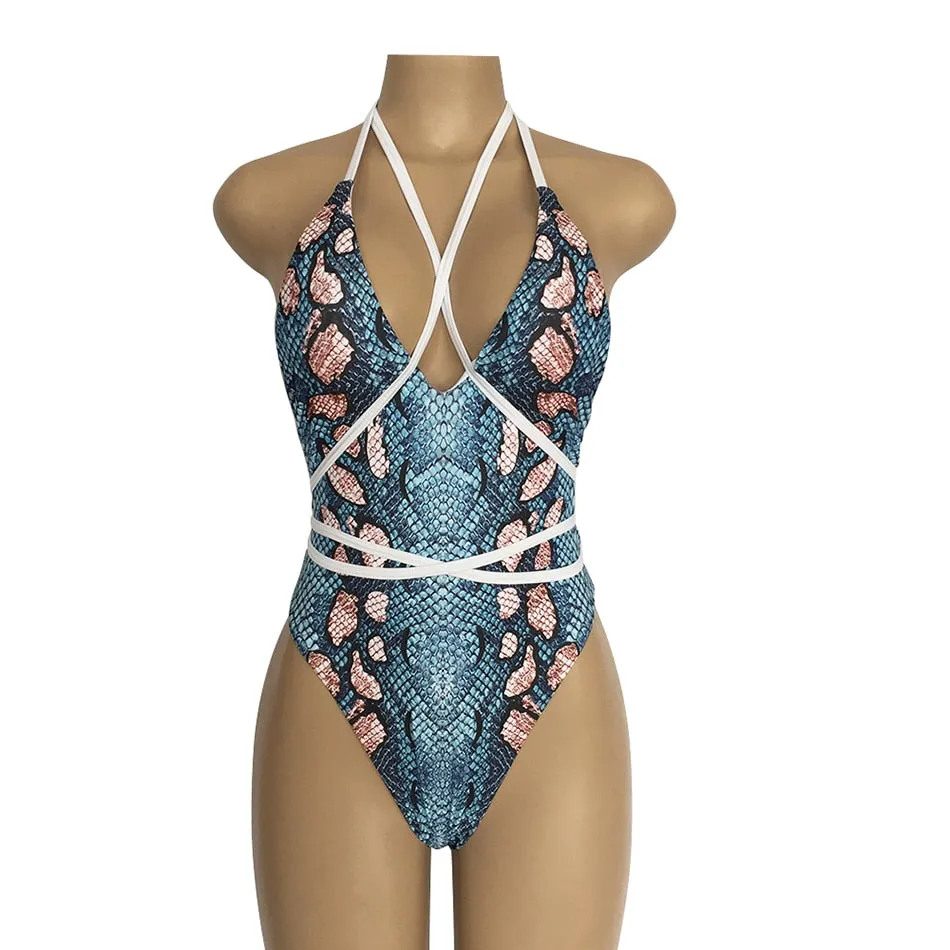 Women Polyester Snake Print one Piece Monikini Bathing Suit for Swimming