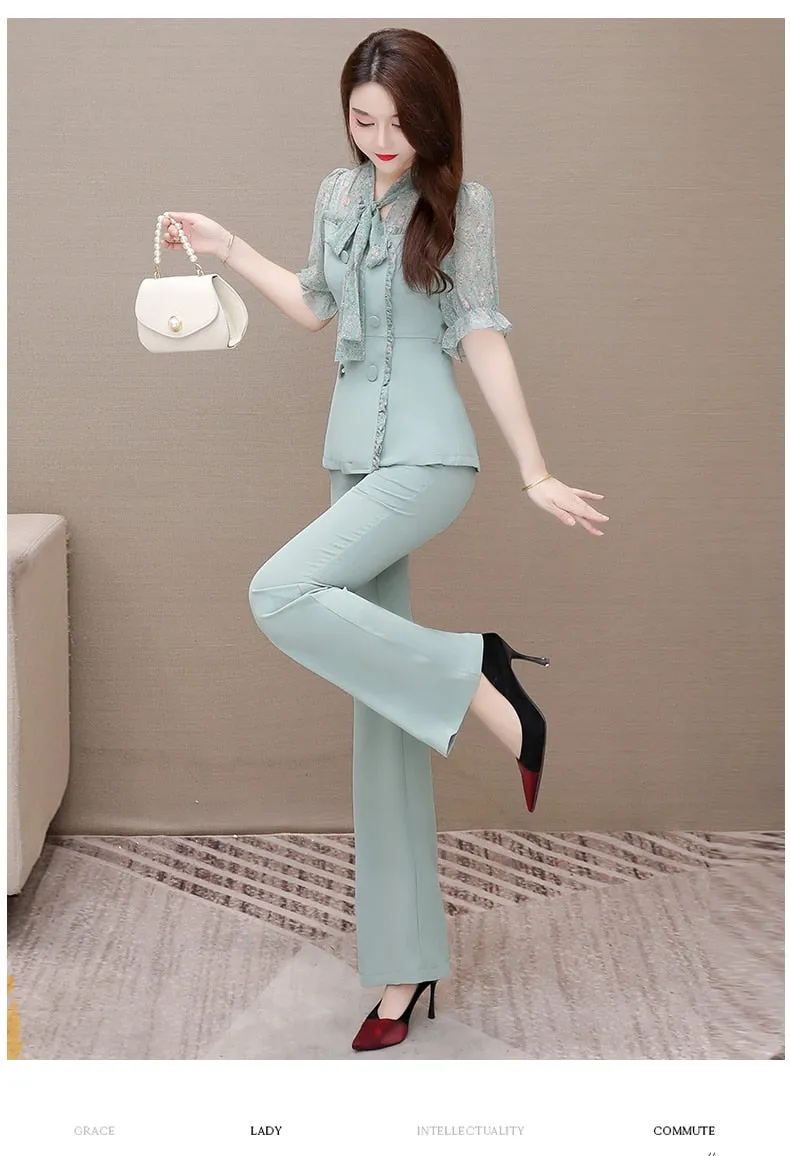 Women's Butterfly Short Sleeves High Waist Office Lady Two Piece Suit