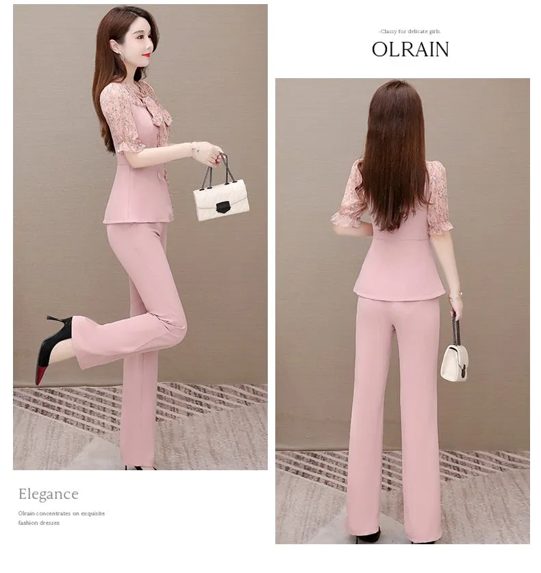 Women's Butterfly Short Sleeves High Waist Office Lady Two Piece Suit