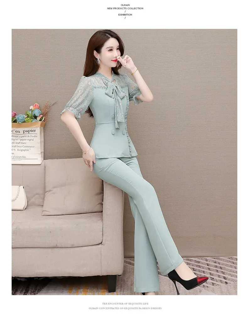 Women's Butterfly Short Sleeves High Waist Office Lady Two Piece Suit