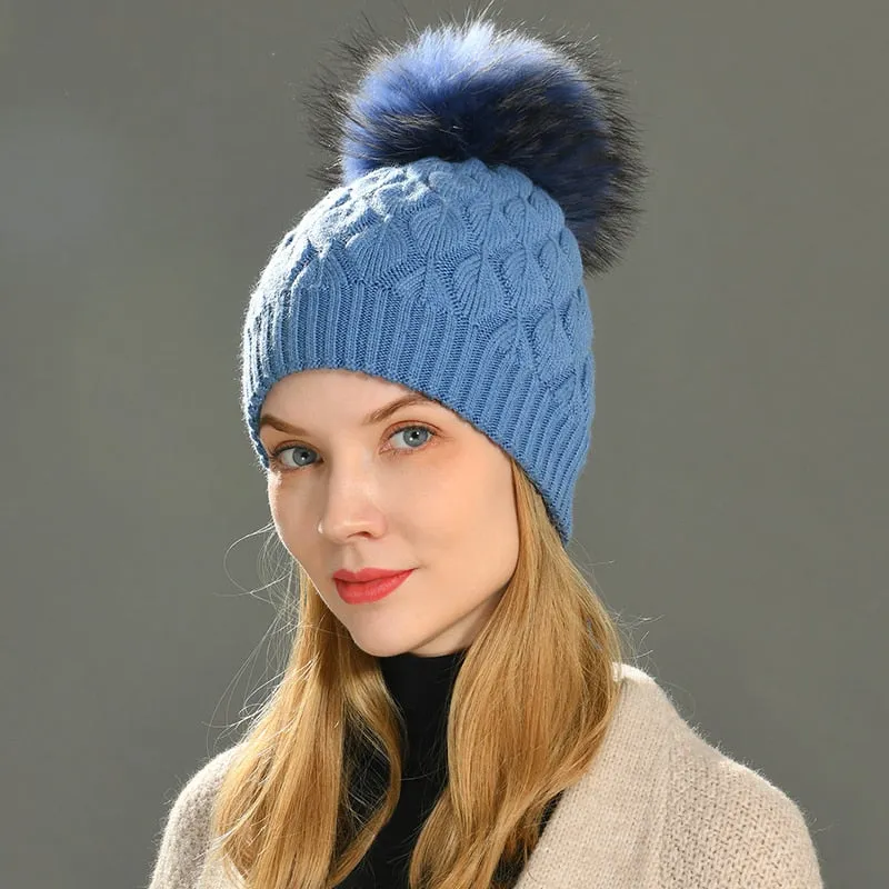 Women's Casual Winter Wool Fur Angora Knitted Fashion Ball Beanie Hat