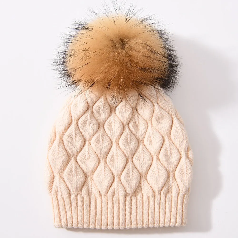 Women's Casual Winter Wool Fur Angora Knitted Fashion Ball Beanie Hat