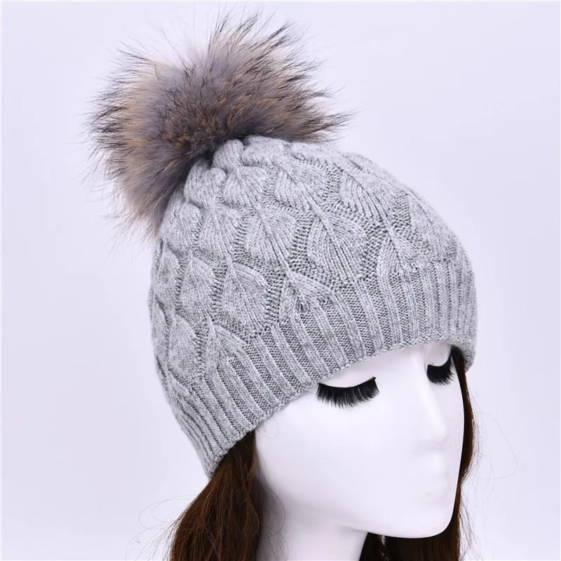 Women's Casual Winter Wool Fur Angora Knitted Fashion Ball Beanie Hat