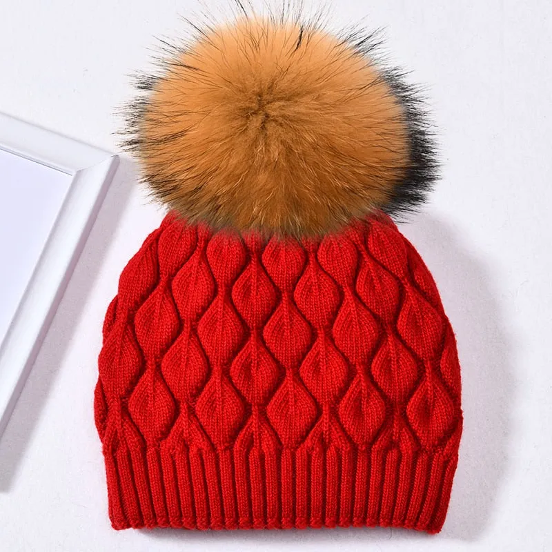 Women's Casual Winter Wool Fur Angora Knitted Fashion Ball Beanie Hat