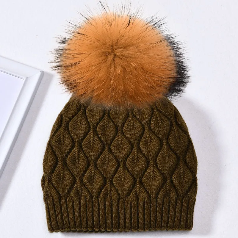 Women's Casual Winter Wool Fur Angora Knitted Fashion Ball Beanie Hat