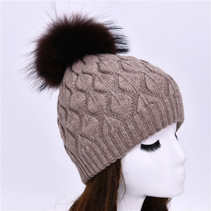 Women's Casual Winter Wool Fur Angora Knitted Fashion Ball Beanie Hat