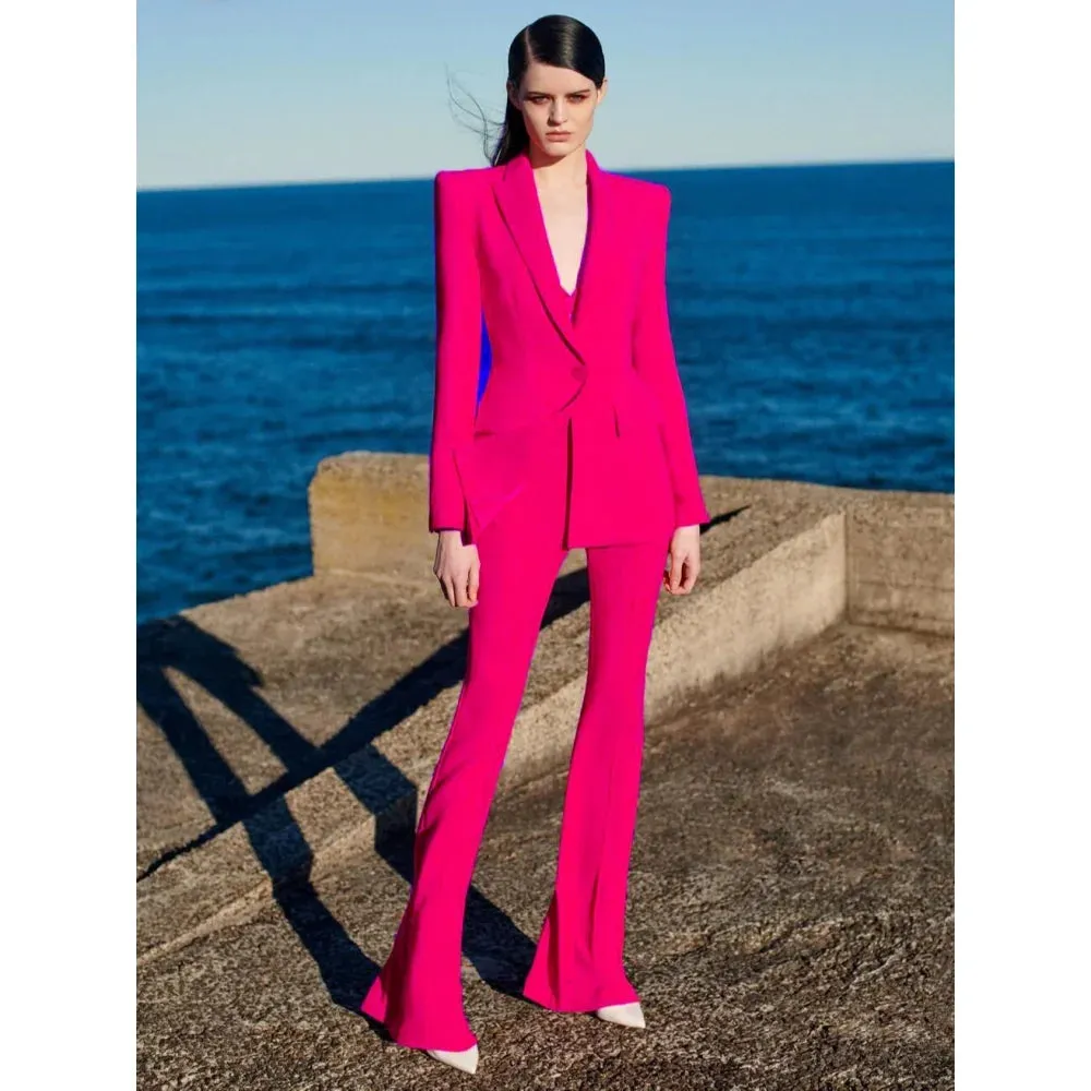 Women's Designer Runway Single Button Blazer Flare Pants Two-Piece Suit