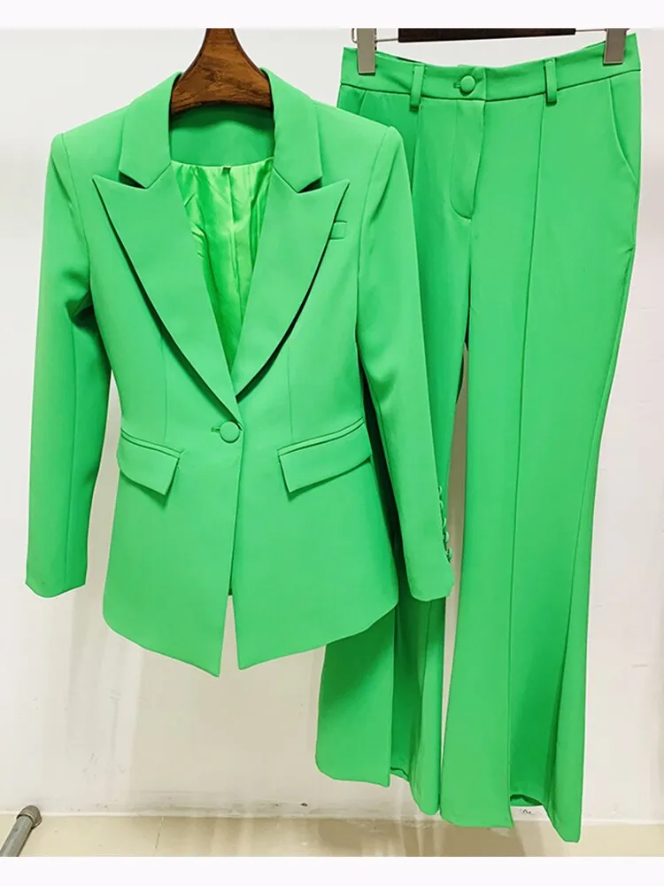 Women's Designer Runway Single Button Blazer Flare Pants Two-Piece Suit