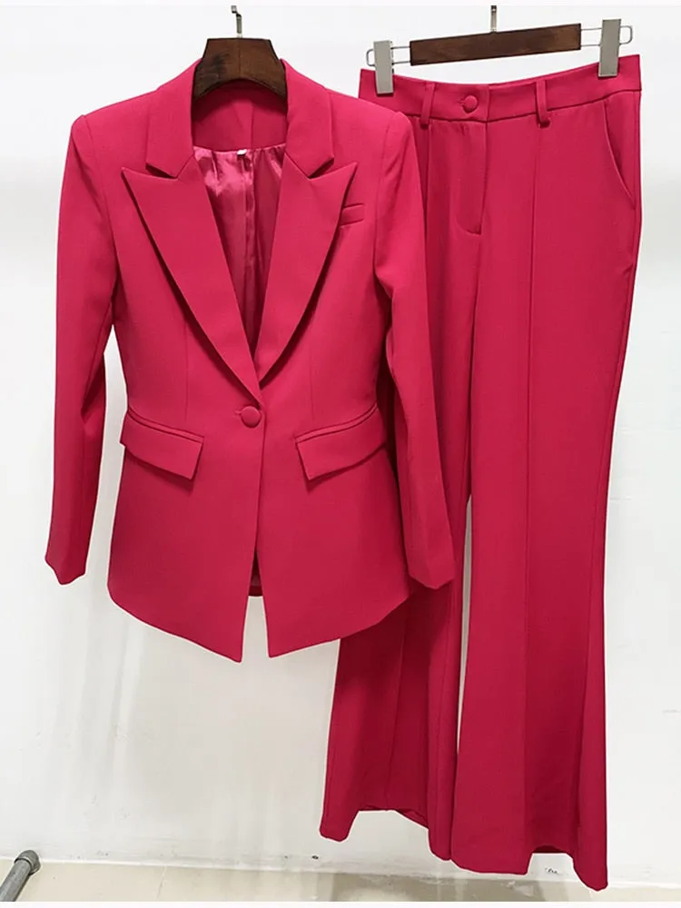 Women's Designer Runway Single Button Blazer Flare Pants Two-Piece Suit