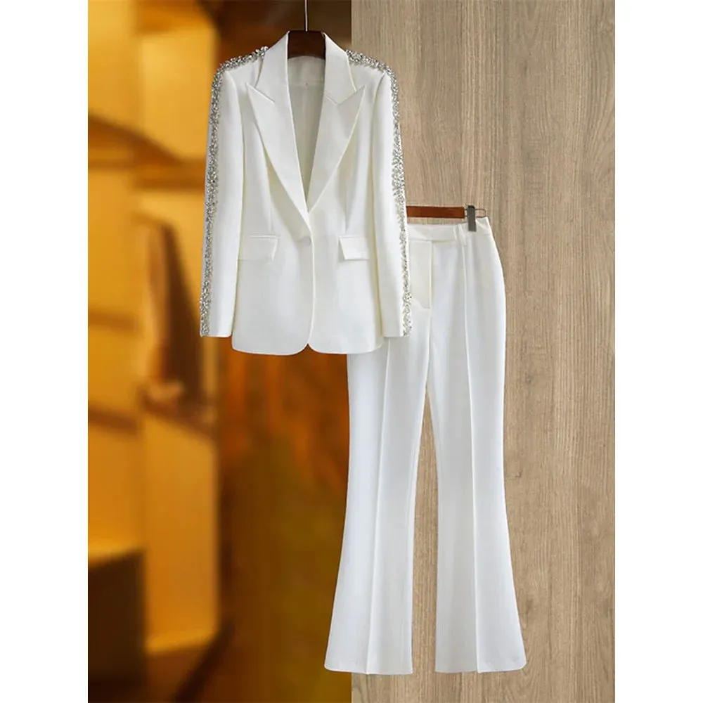 Women's Diamond Decor Single Button Blazer Flare Pants Two-Piece Suit