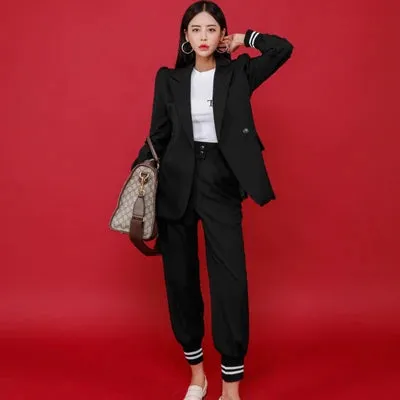 Women's Fashion Notched Collar Blazer Mid Waist Pants Two Piece Suit