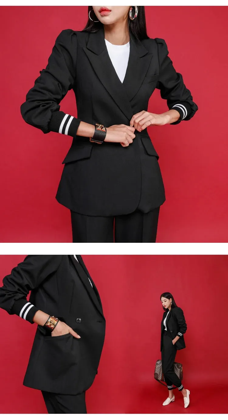 Women's Fashion Notched Collar Blazer Mid Waist Pants Two Piece Suit