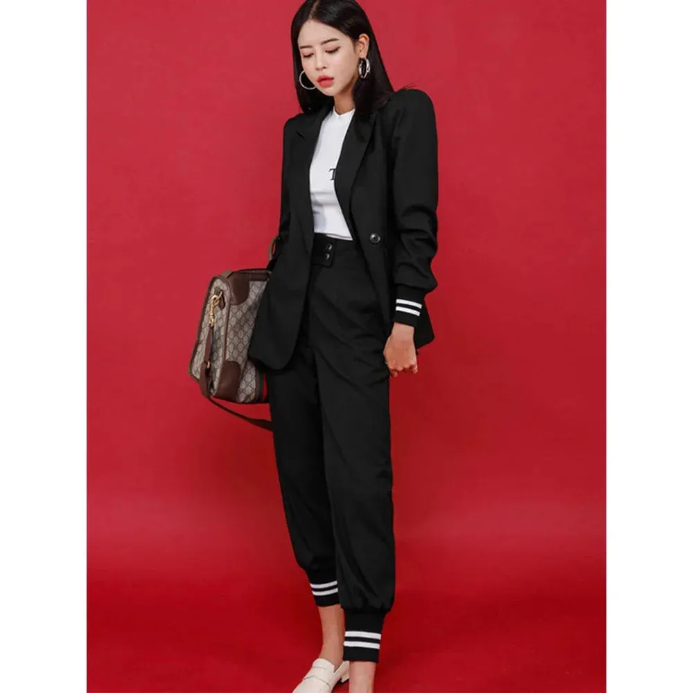 Women's Fashion Notched Collar Blazer Mid Waist Pants Two Piece Suit