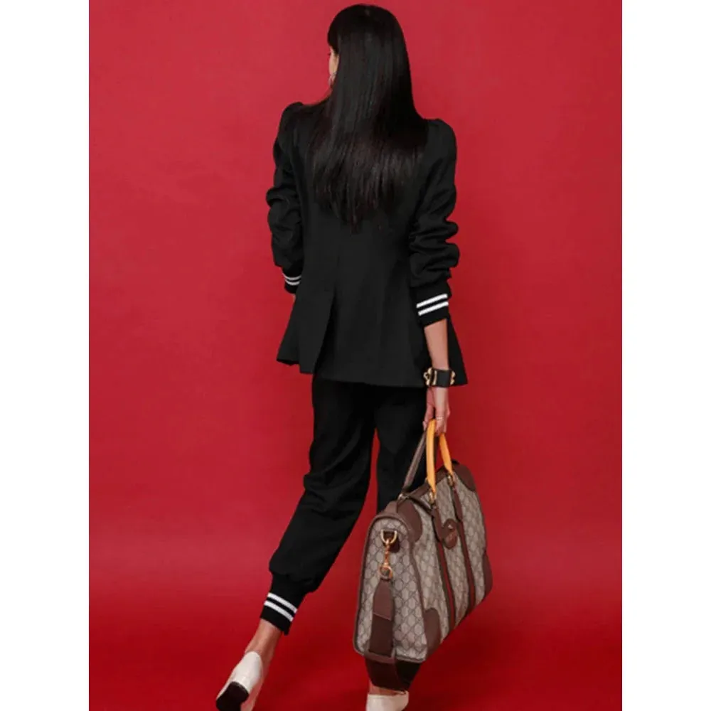 Women's Fashion Notched Collar Blazer Mid Waist Pants Two Piece Suit