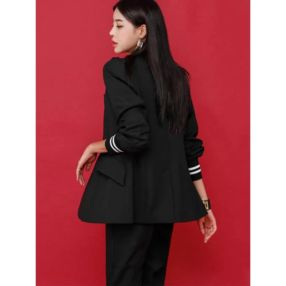 Women's Fashion Notched Collar Blazer Mid Waist Pants Two Piece Suit