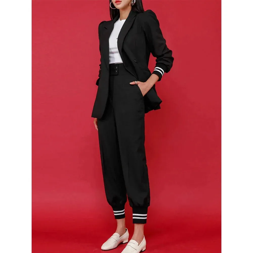 Women's Fashion Notched Collar Blazer Mid Waist Pants Two Piece Suit