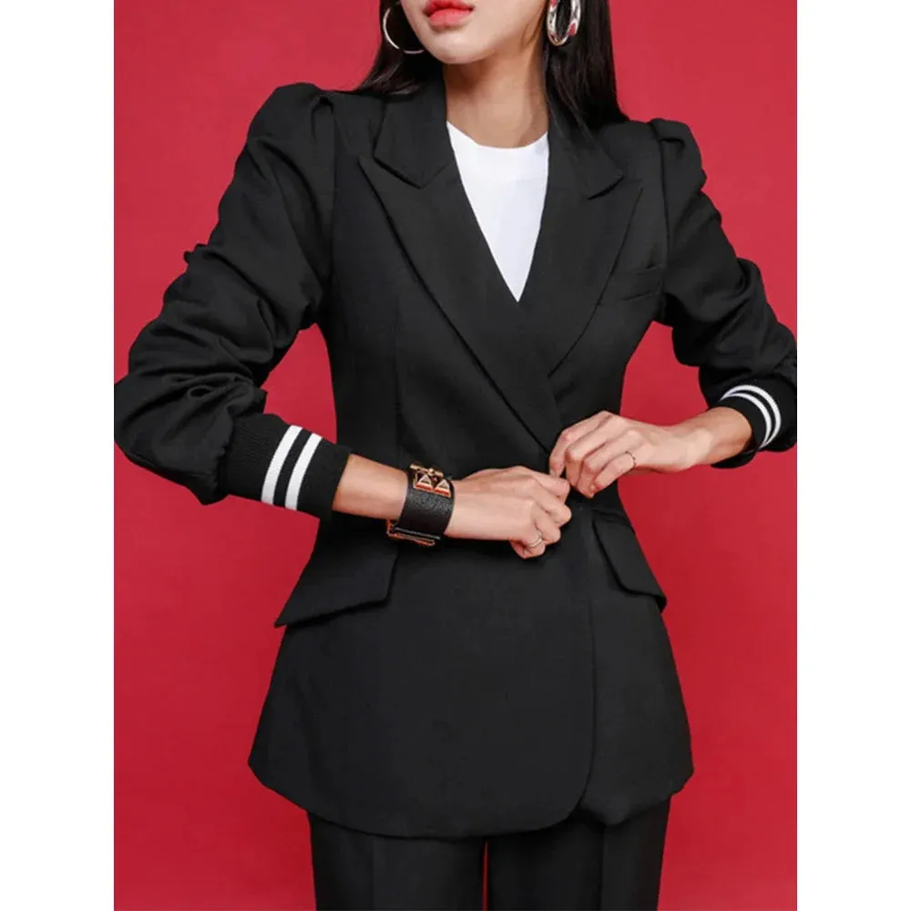 Women's Fashion Notched Collar Blazer Mid Waist Pants Two Piece Suit