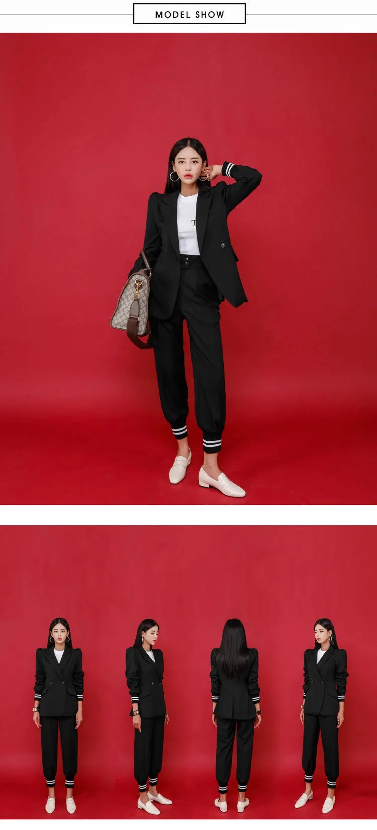 Women's Fashion Notched Collar Blazer Mid Waist Pants Two Piece Suit