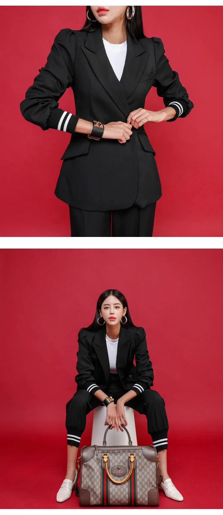 Women's Fashion Notched Collar Blazer Mid Waist Pants Two Piece Suit