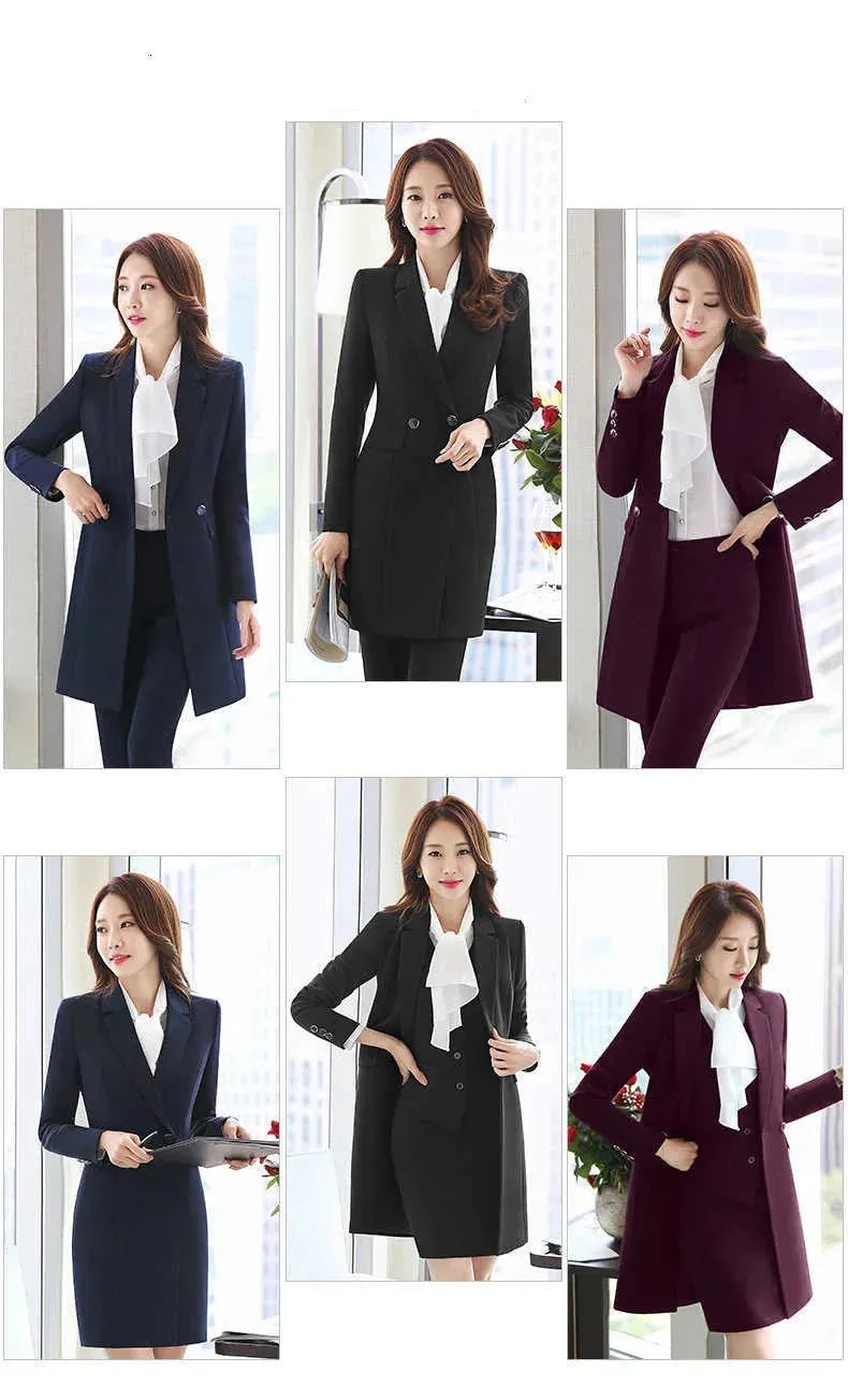 Women's Navy Blue Winter Formal Business Vest Blazer Skirt 3pcs Suit