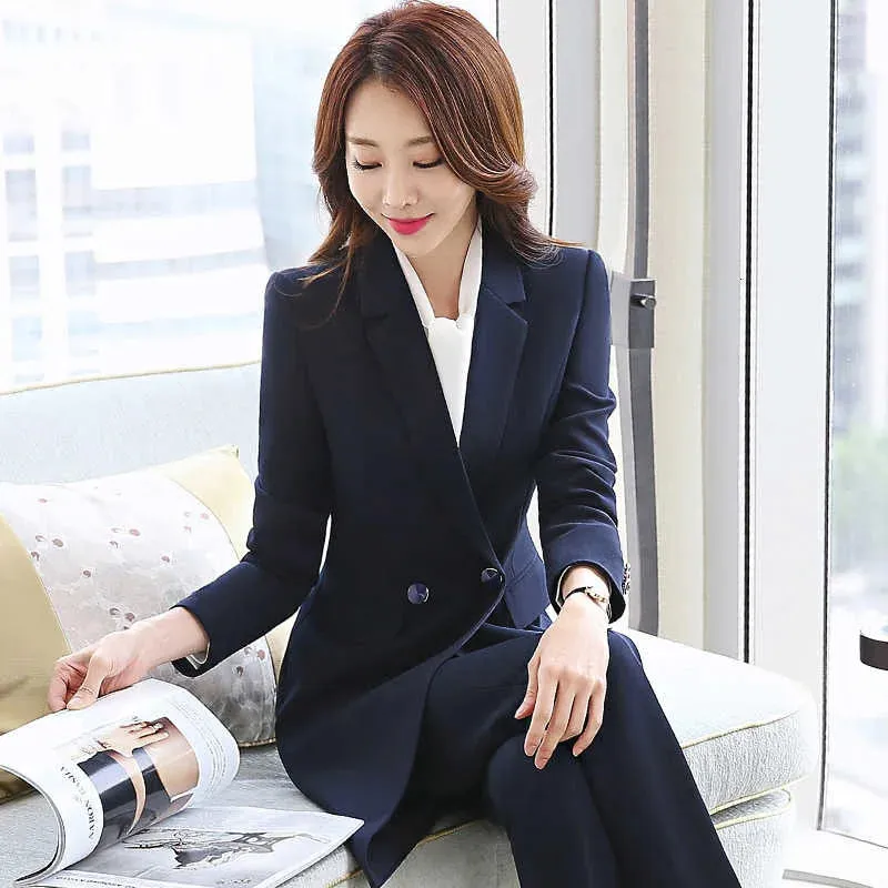 Women's Navy Blue Winter Formal Business Vest Blazer Skirt 3pcs Suit