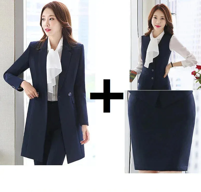 Women's Navy Blue Winter Formal Business Vest Blazer Skirt 3pcs Suit