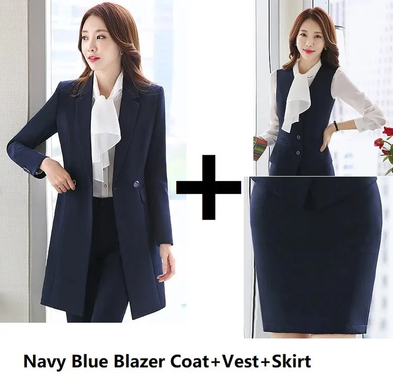 Women's Navy Blue Winter Formal Business Vest Blazer Skirt 3pcs Suit