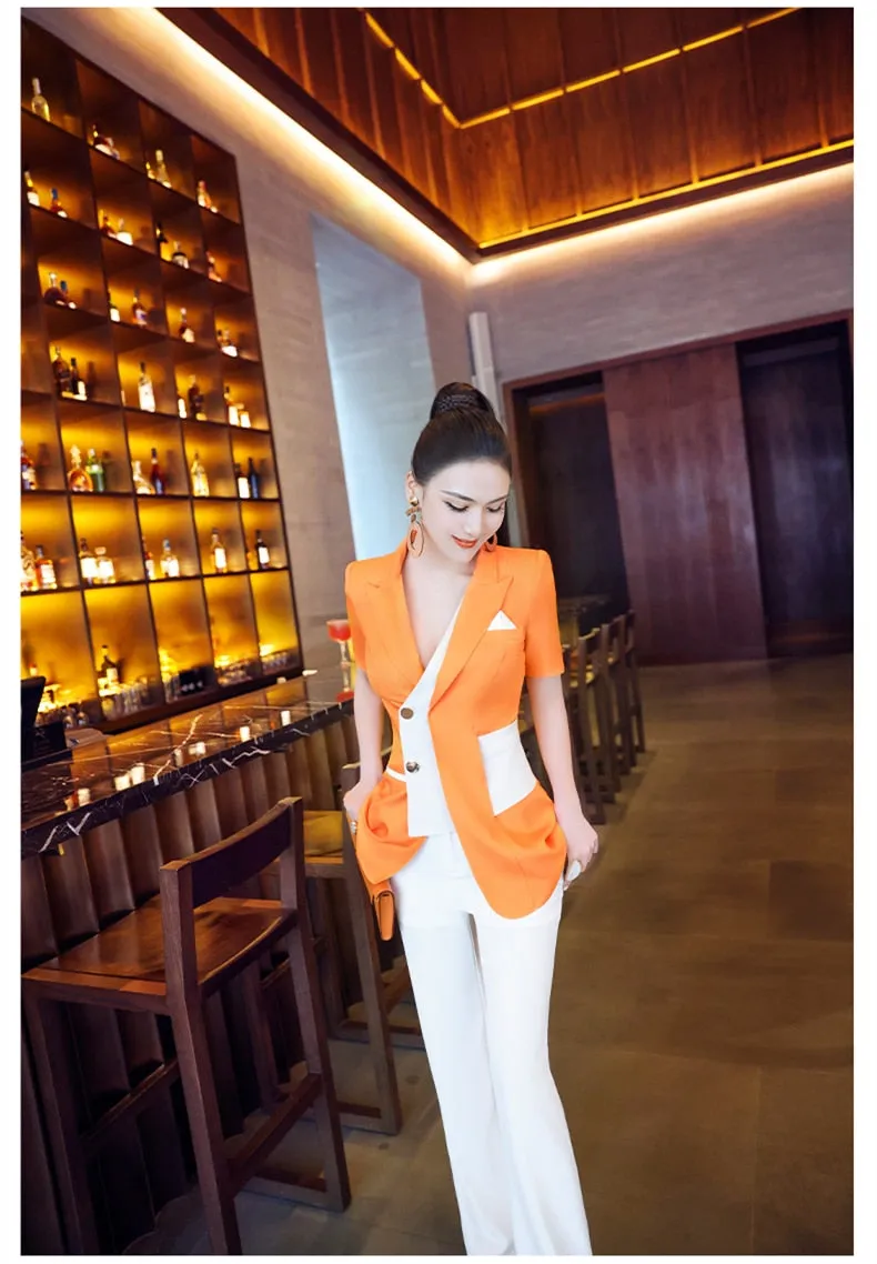 Women's Office Casual Skinny Short Sleeves High Waist Two Piece Suit