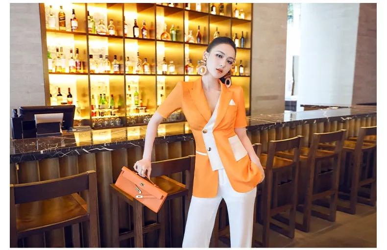 Women's Office Casual Skinny Short Sleeves High Waist Two Piece Suit