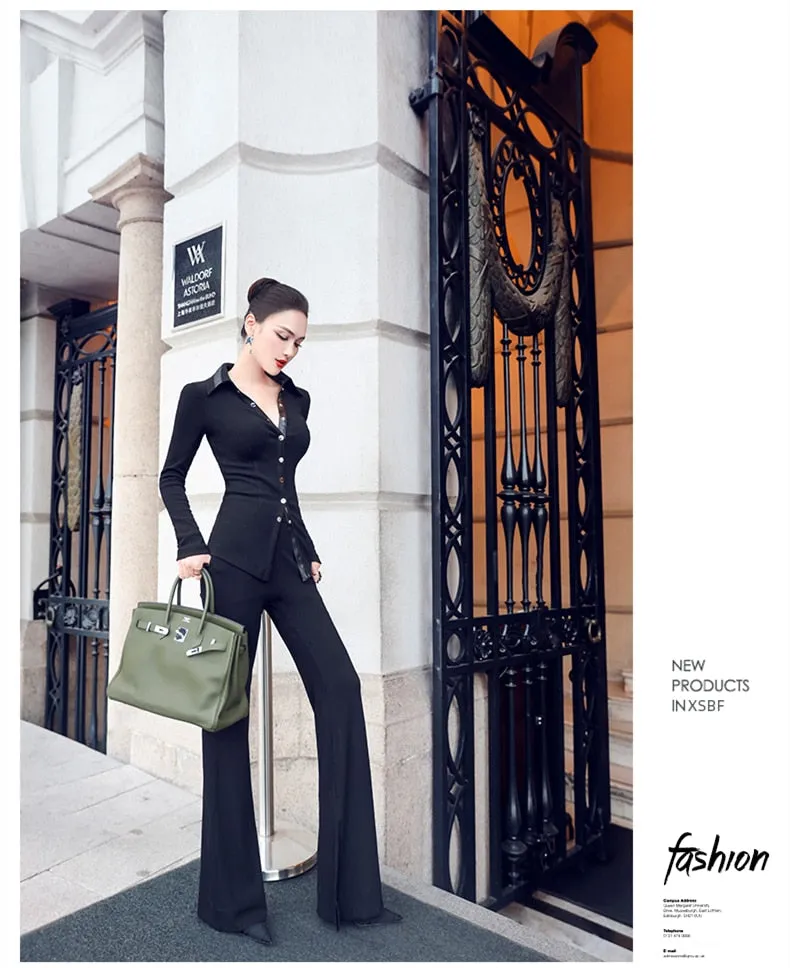 Women's Office Casual Solid Slim Fit Long Sleeve Pant Suit Sets