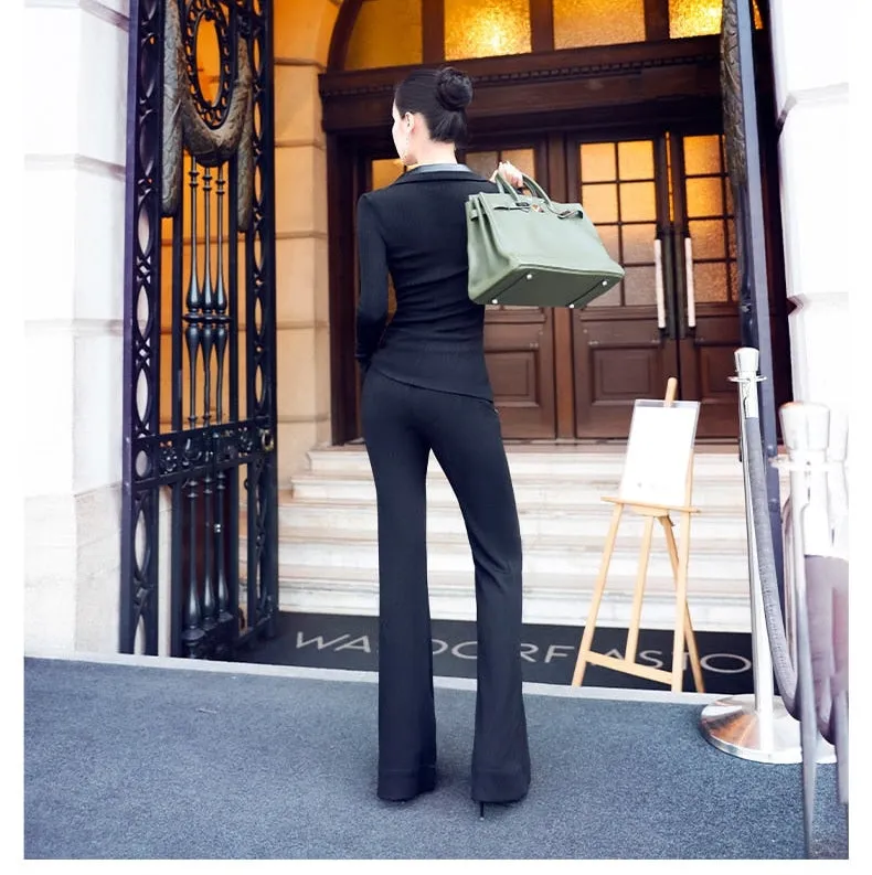 Women's Office Casual Solid Slim Fit Long Sleeve Pant Suit Sets