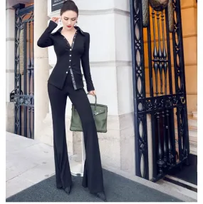 Women's Office Casual Solid Slim Fit Long Sleeve Pant Suit Sets