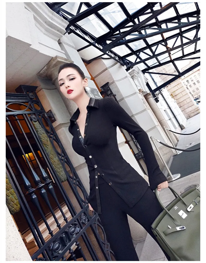 Women's Office Casual Solid Slim Fit Long Sleeve Pant Suit Sets