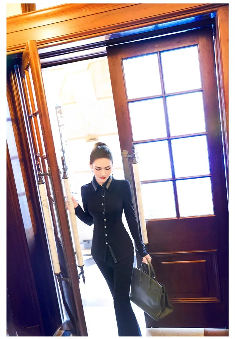 Women's Office Casual Solid Slim Fit Long Sleeve Pant Suit Sets