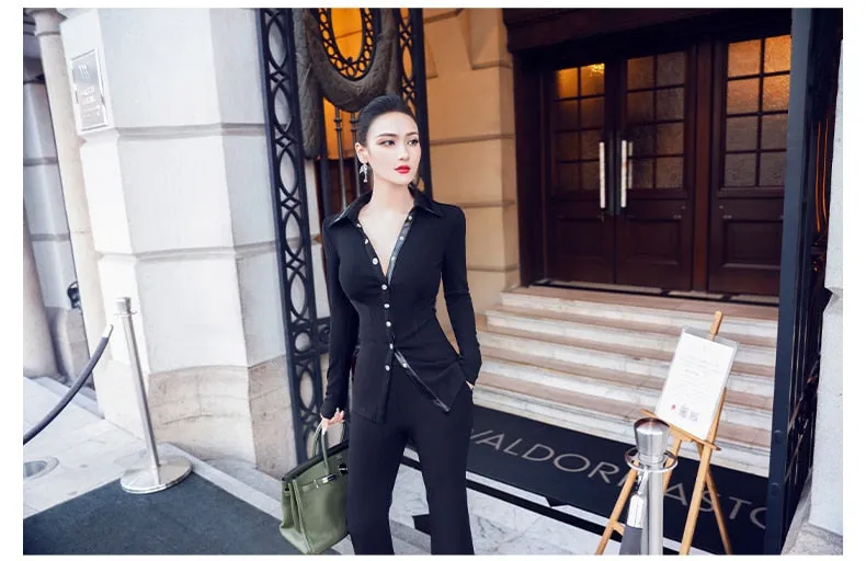 Women's Office Casual Solid Slim Fit Long Sleeve Pant Suit Sets