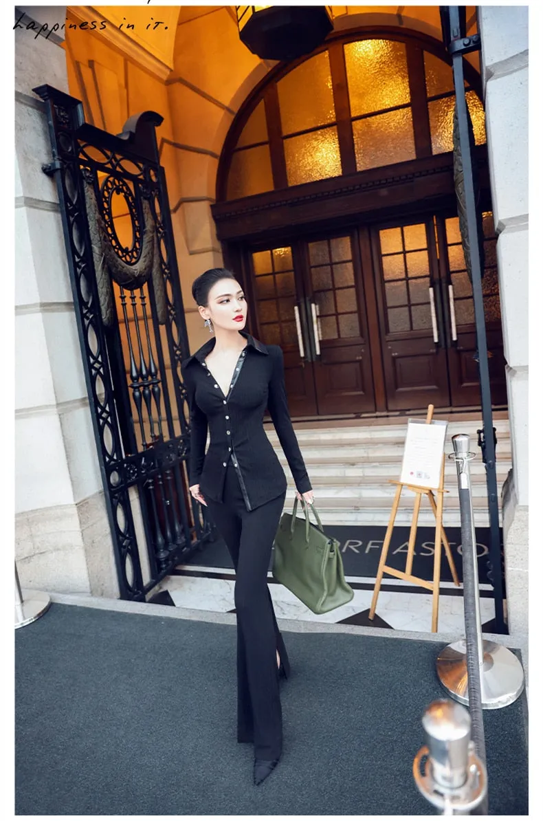 Women's Office Casual Solid Slim Fit Long Sleeve Pant Suit Sets