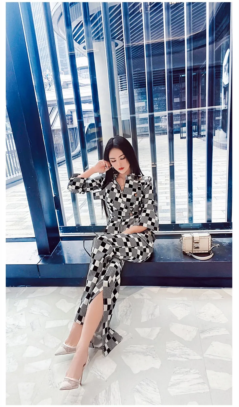 Women's Plaid Long Sleeves High Waist Office Lady Two Piece Suit