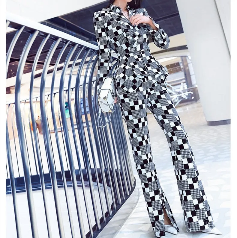 Women's Plaid Long Sleeves High Waist Office Lady Two Piece Suit