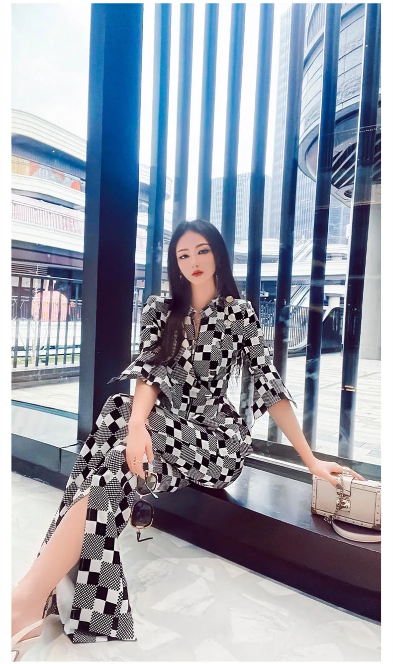 Women's Plaid Long Sleeves High Waist Office Lady Two Piece Suit