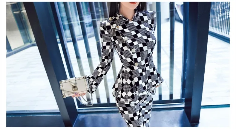 Women's Plaid Long Sleeves High Waist Office Lady Two Piece Suit