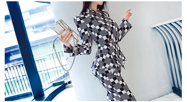 Women's Plaid Long Sleeves High Waist Office Lady Two Piece Suit