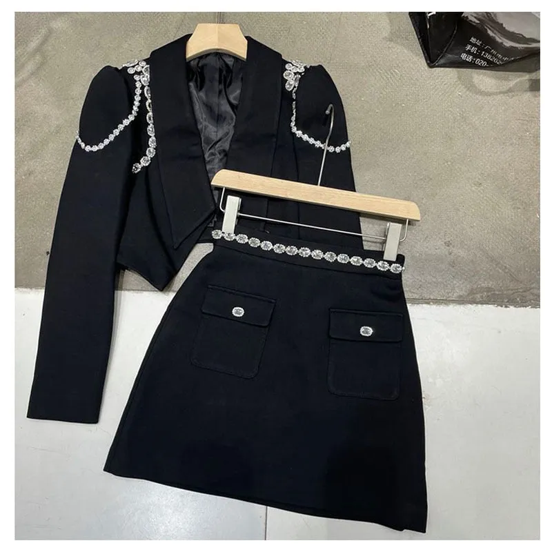 Women's Polyester Strass Diamond Chain Short Blazer Skirt Two-Piece Suit