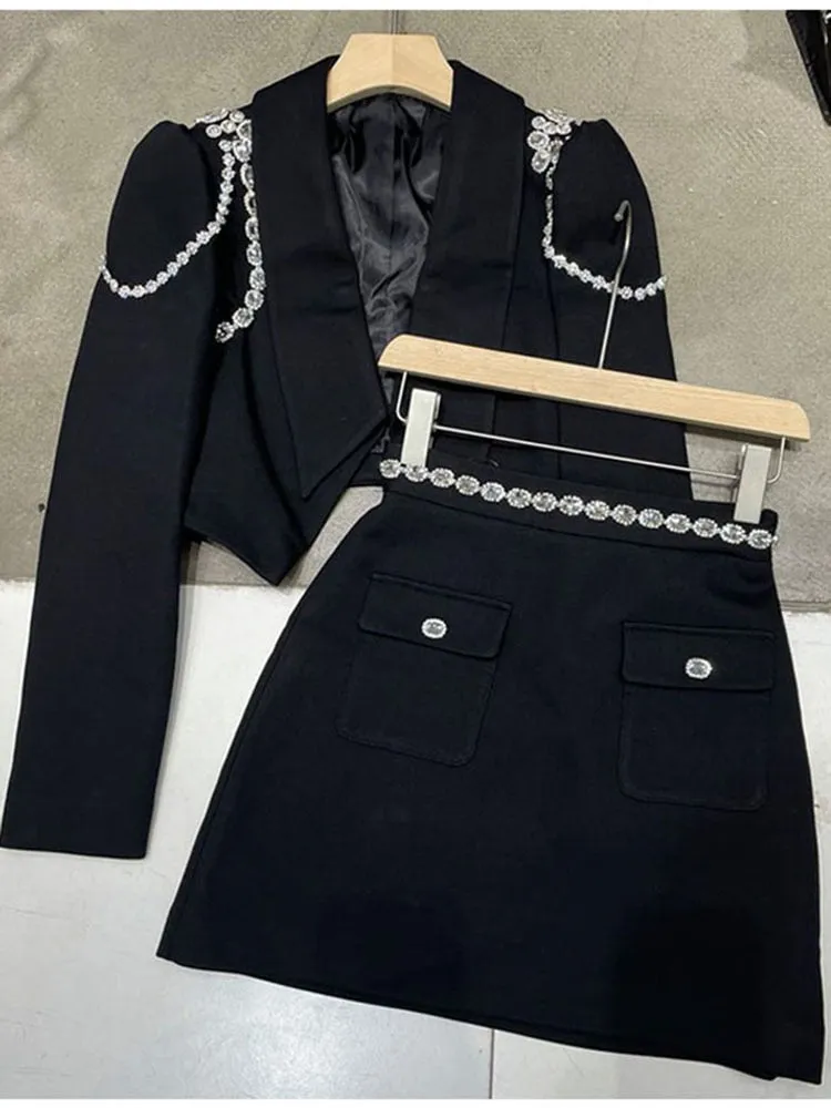 Women's Polyester Strass Diamond Chain Short Blazer Skirt Two-Piece Suit